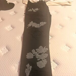 Black Pants with Silver Floral Design